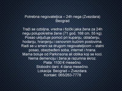 Potrebna negovateljica – 24h nega (Zvezdara) Beograd