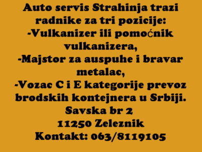 Auto servis Strahinja trazi radnike za tri pozicije