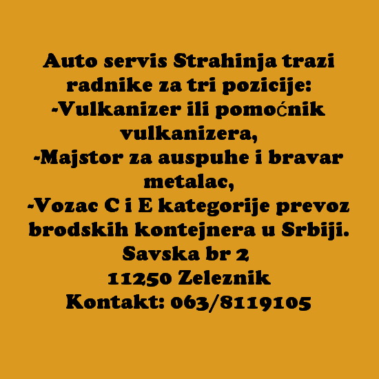 Auto servis Strahinja trazi radnike za tri pozicije